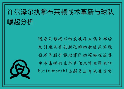 许尔泽尔执掌布莱顿战术革新与球队崛起分析